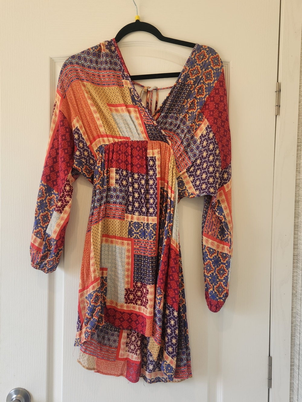 easel Boho Patchwork Midi Dress in Red, Orange, Blue, Cream M Euc